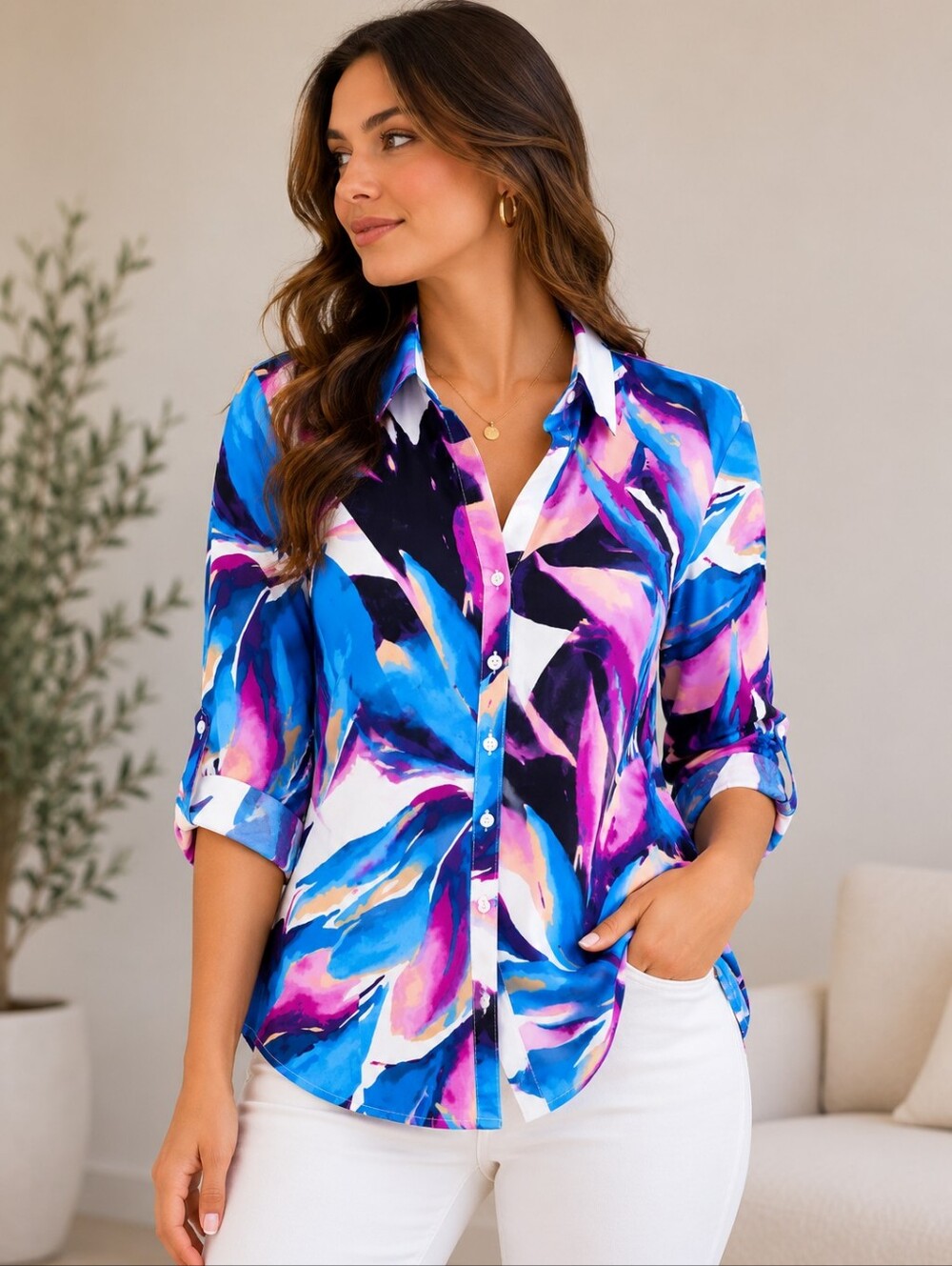 Dana Buchman Multicolor Abstract Print Blouse in Blue, Pink, Purple,Tan Large